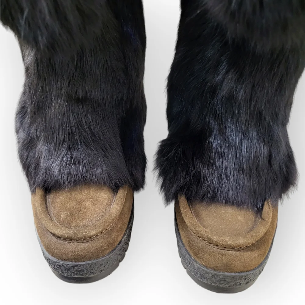 COACH Maryann Rabbit Fur Suede Boots Brown Beaded Trim Pom Pom Ties 8